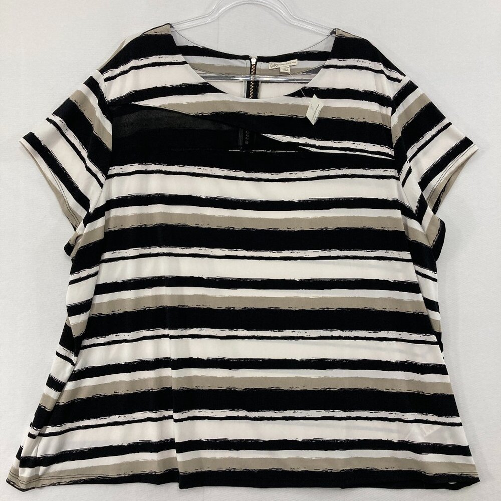 New Cato Top size 26/28W Black Brown Striped Stretch Short Sleeve Preppy Office